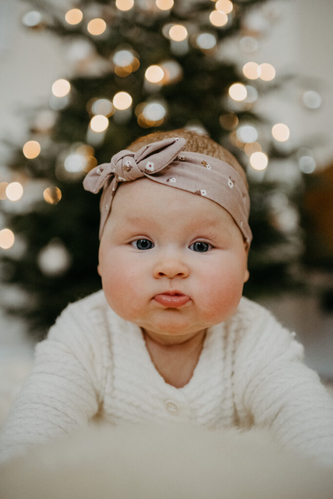 Baby liegt beim Fotoshootings vor dem Weihnachtsbaum auf dem Bauch und schaut skeptisch.